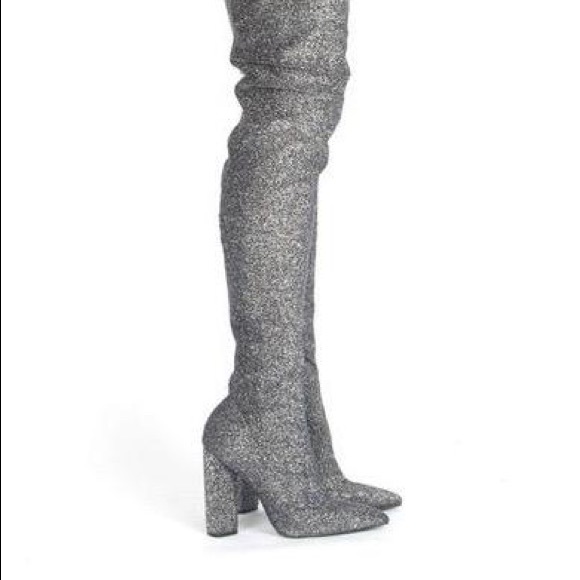 silver shimmer thigh high boots